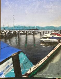 Acrylic. Boats moored Lake Champlain, Burlington, Vermont USA