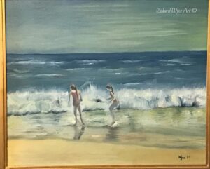 Oil painting. Children playing on beach at Cape Cod, USA