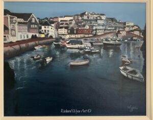 Oil painting: boats in harbour at Mavegissey, Cornwall, England